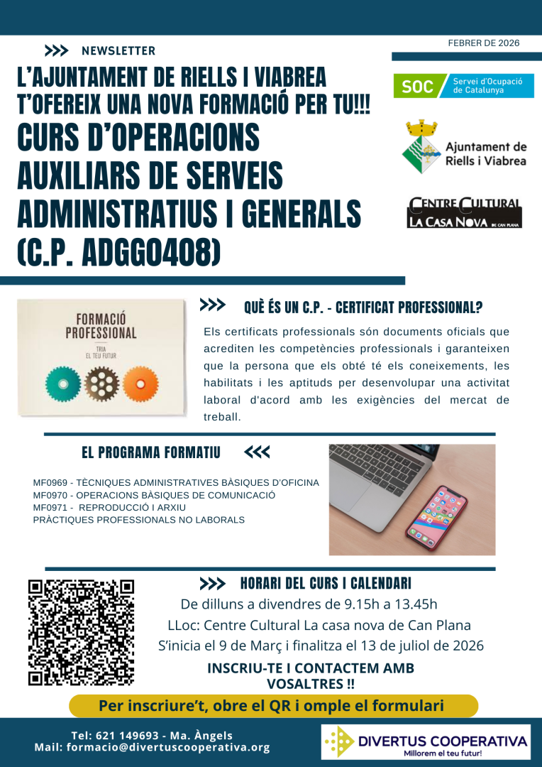 Calendari de la formació [ADGG0408] Certificat professional  d'Operacions auxiliars de serveis administratius i generals - RIELLS I VIABREA