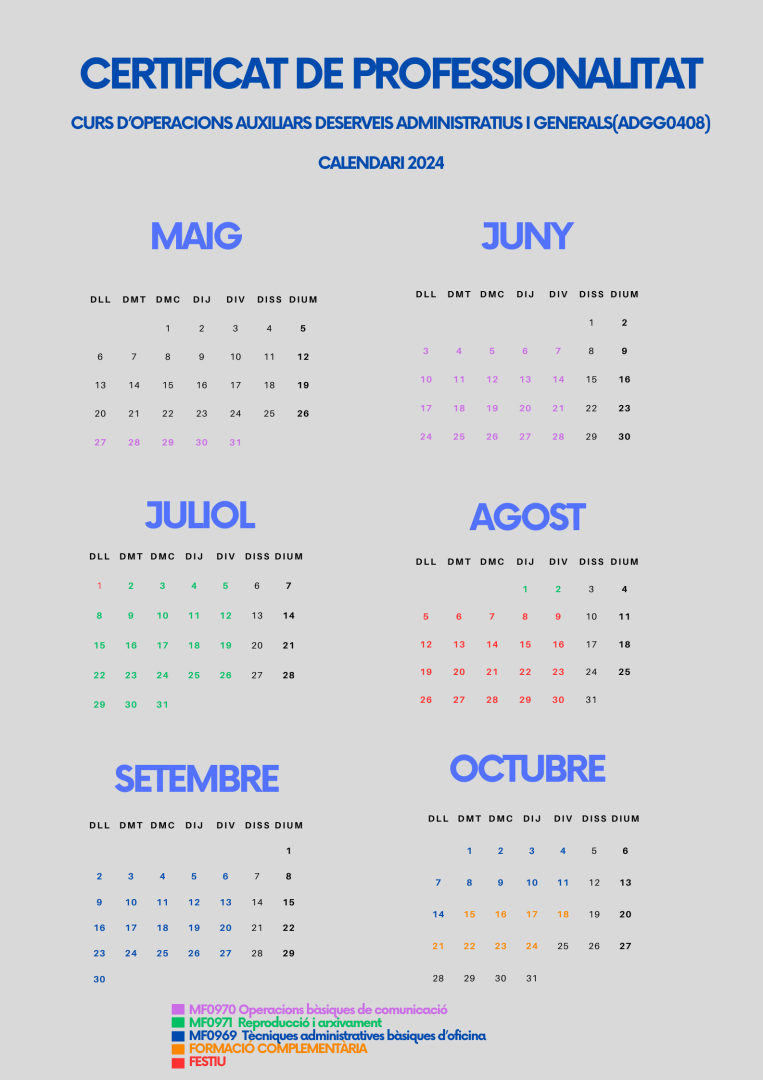 Calendari de la formació Certificat de professionalitat - [ADGG0408]