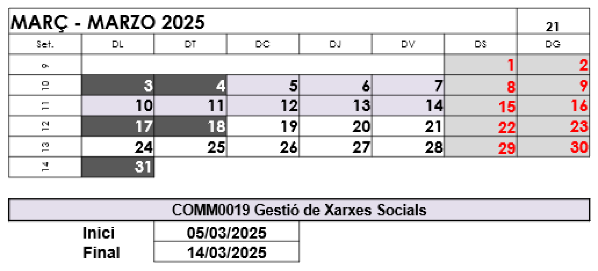 Calendari de la formació Gestió de xarxes socials (COMM0019)