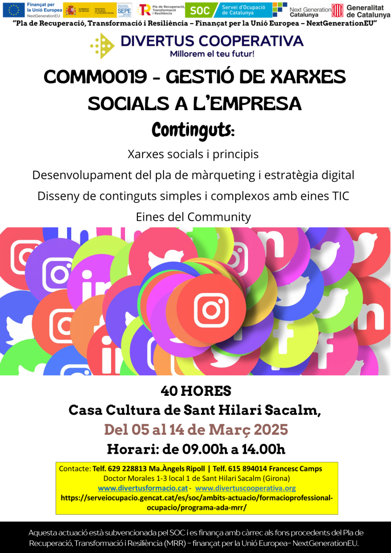 Calendari de la formació Gestió de xarxes socials (COMM0019)