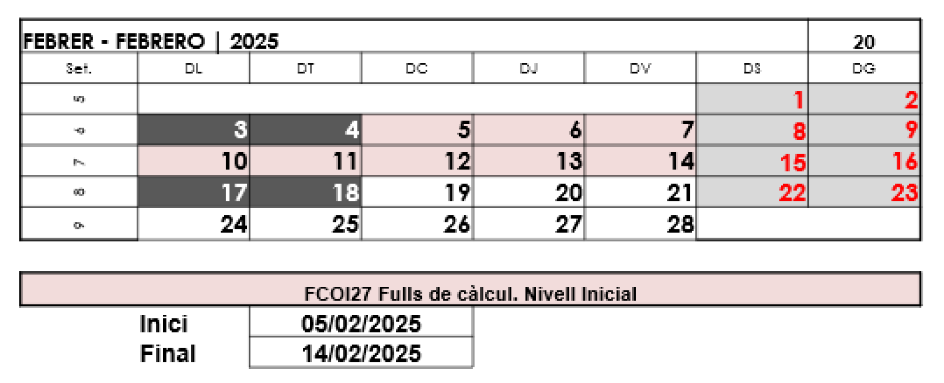 Calendari de la formació Aplicació del full de càlcul Excel. Nivell inicial (FCOI27)