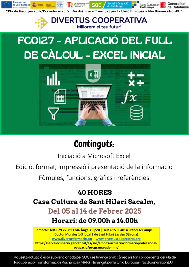 Calendari de la formació Aplicació del full de càlcul Excel. Nivell inicial (FCOI27)