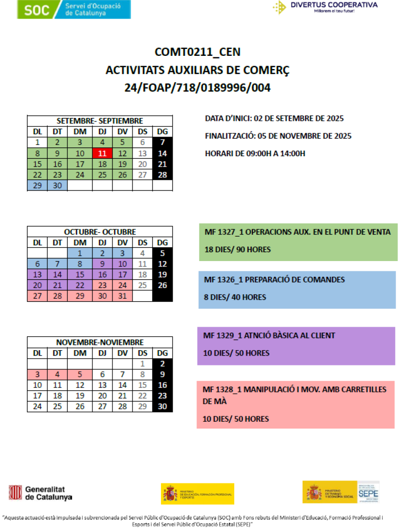 Calendari de la formació (COMT0211) Certificat Professional d'Activitats Auxiliars de Comerç